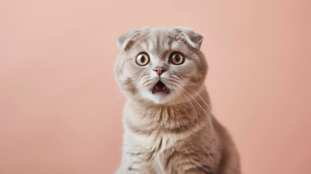 A cute cat with big eyes and an open mouth is looking at the camera with surprise.の素材