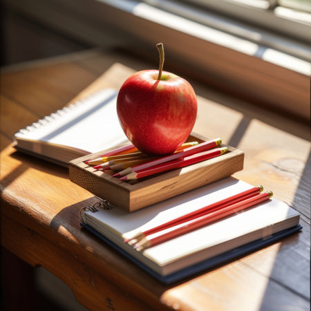 Red apple on a wooden box with pencils and notebooks on a wooden tableの素材
