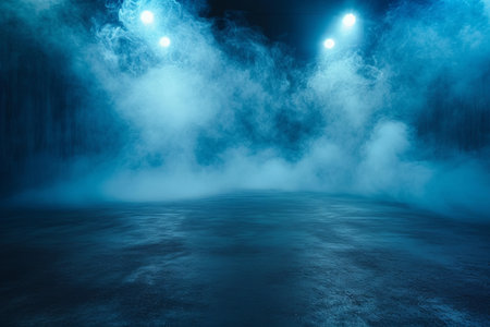 Blue smoke fills an empty room with concrete floor and spotlights in the backgroundの素材