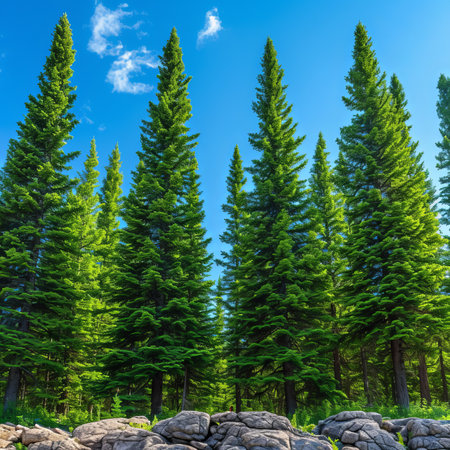 Green trees under blue skyの素材