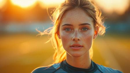 Portrait of a young female runner at sunsetの素材