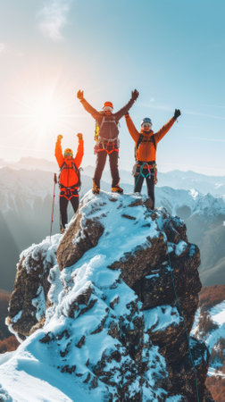 Three people celebrating on a mountaintopの素材