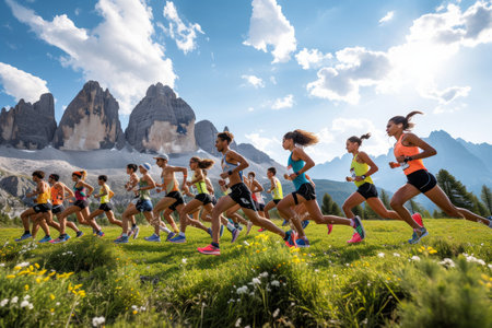 A group of runners are running in a mountain fieldの素材