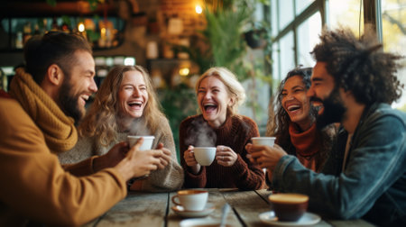 A group of diverse friends laughing and enjoying coffee together in a cafeの素材