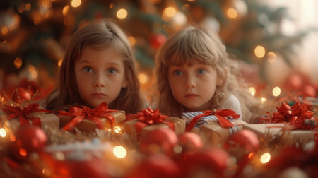 Two young girls with blonde hair and blue eyes are sitting in front of a Christmas tree.の素材