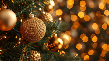 Christmas tree decorated with golden balls and pine conesの素材