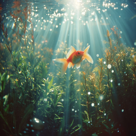 A lone goldfish swims gracefully through a lush underwater gardenの素材