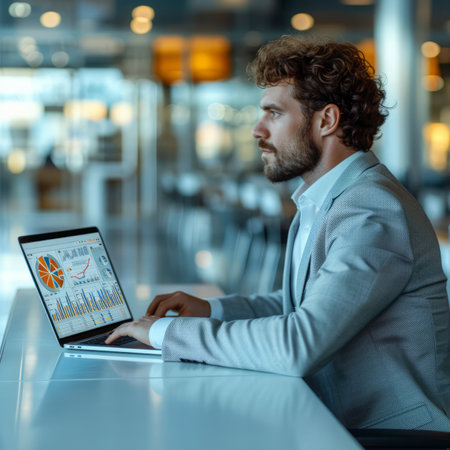 Businessman analyzing financial data on laptopの素材