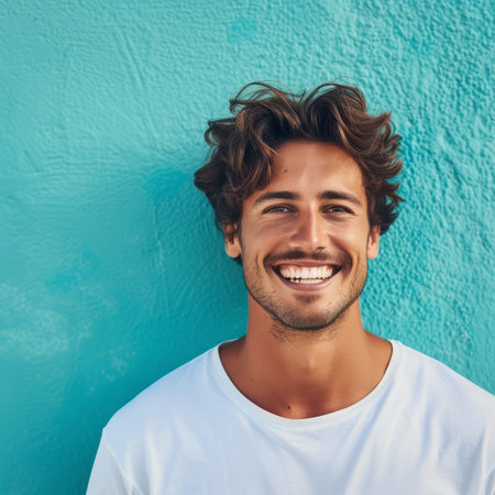 Portrait of a smiling young man with curly hair standing against a blue backgroundの素材