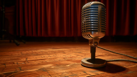 Retro microphone on a wooden stage with red curtain backgroundの素材