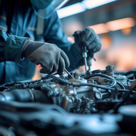 A mechanic wearing a blue uniform and gloves works on a car engine.の素材