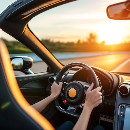 Woman driving a luxury sports car on an open road at sunsetの素材
