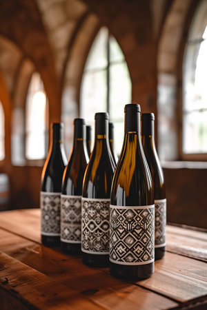 A variety of wine bottles on a wooden table.の素材