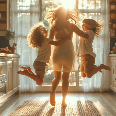 Happy family jumping in the kitchenの素材
