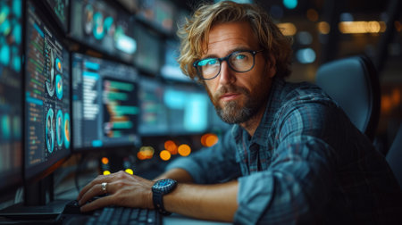 Male software engineer working on multiple computers in a dark roomの素材