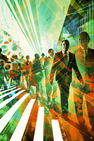 Business professionals crossing a city street with a glowing green backgroundの素材