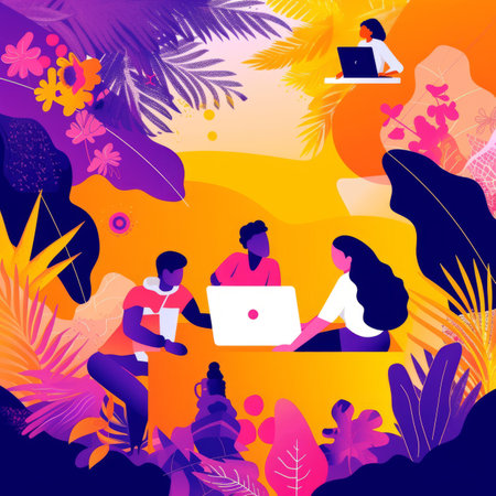 A group of people working on a project in a tropical settingの素材