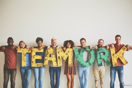 Diverse group of people holding TEAMWORK lettersの素材