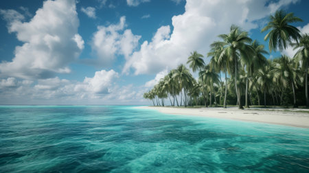The beach is full of coconut trees and the water is crystal clearの素材