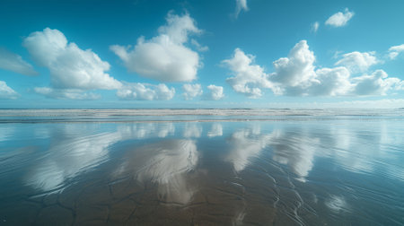 Beach with beautiful sky and white clouds reflecting on the wet sandの素材