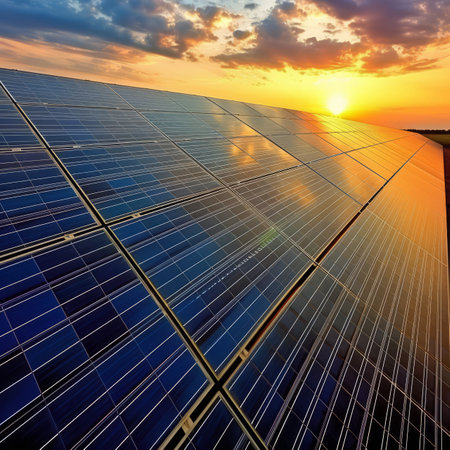 A large solar farm with blue solar panels generates clean energy under a setting sunの素材
