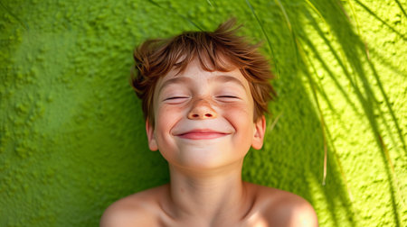 Portrait of a happy boy with his eyes closed and a big smile on his faceの素材