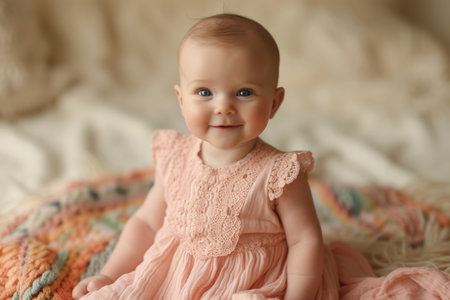 Portrait of a smiling baby girl in a pink dressの素材