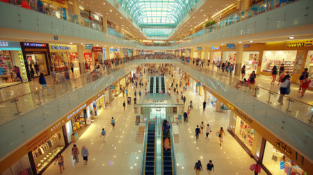 Crowded shopping mall with people walking on escalators and shoppingの素材