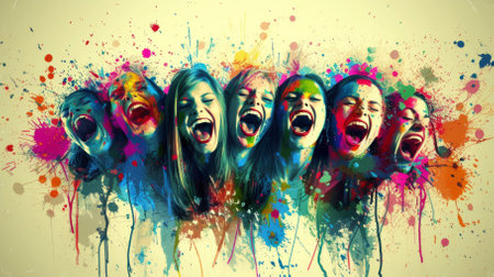 Laughing women with colorful paint on their facesの素材