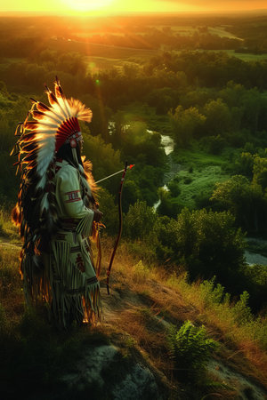 A Native American man stands on a hilltop overlooking a river and valley at sunset.の素材