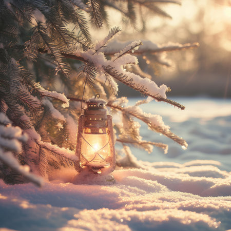 A lantern in the snow with a snow-covered tree in the backgroundの素材