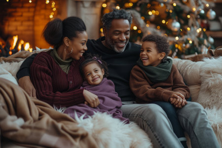 Happy African American family sitting on couch near Christmas treeの素材