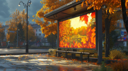 An empty bus stop with fallen leaves on the ground and a bus stop benchの素材