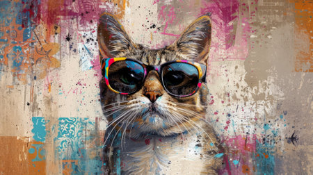 Cool cat wearing sunglasses with colorful backgroundの素材