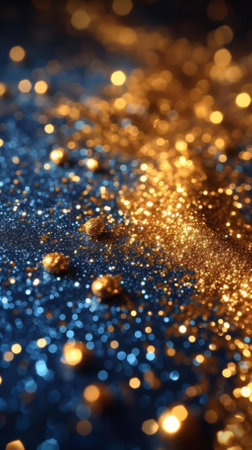 Blue and gold glitter texture with shiny ballsの素材