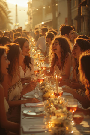 Friends laughing and enjoying a summer dinner partyの素材
