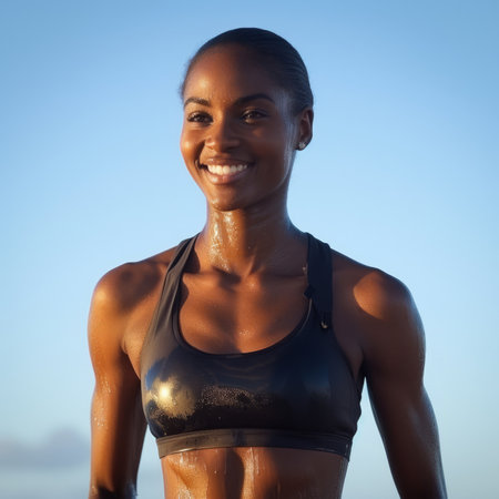 Portrait of a smiling African-American female athlete in a black sports braの素材