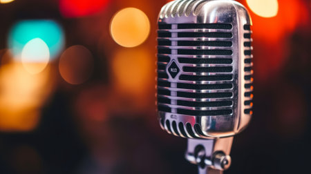 Retro silver microphone on stage with blurred backgroundの素材