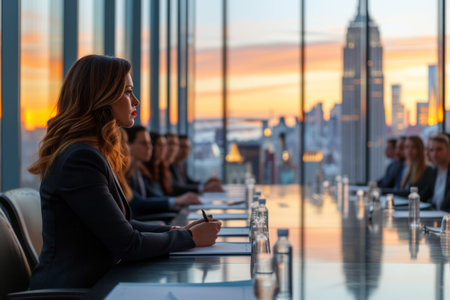 A group of people are sitting around a conference table having a meeting.