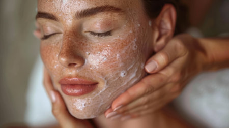 Close-up of a young Caucasian woman getting a facial massage at a spa with her eyes closedの素材