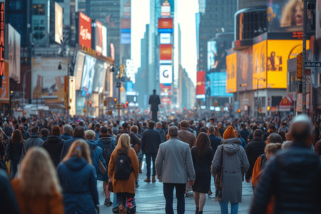 Crowded street in New York City with people crossing the roadの素材