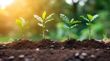 Four coffee seedlings growing in the soil with a blurred background of green leaves and a bright yellow sun in the top left cornerの素材