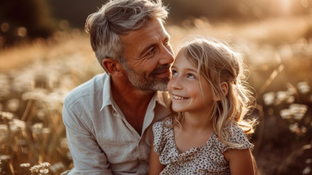 Father and daughter enjoying a quiet moment in a field of flowersの素材