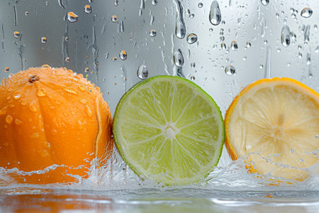 Three citrus fruits with water dropsの素材