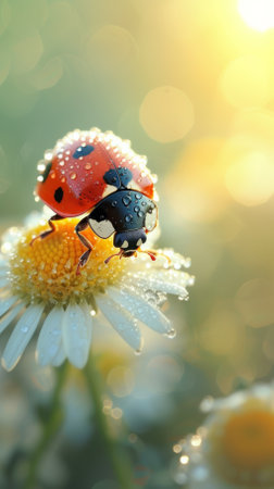 A red ladybug on a white daisy flower with yellow center in the morning dew