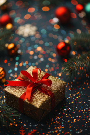 Christmas gift with red ribbon and golden wrapping paper on dark blue background with blurred lights and Christmas ornamentsの素材