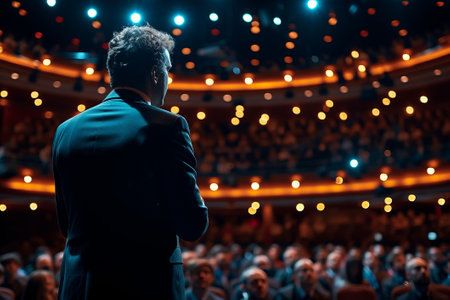 A man giving a speech on stage with a spotlight in front of a large audienceの素材
