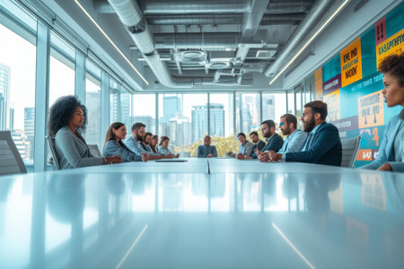 A group of people are sitting around a table having a meetingの素材