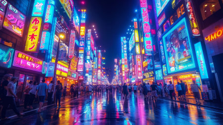 A crowded street in Shinjuku, Tokyo, Japan at night with people walking on the street and bright neon lights illuminating the buildingsの素材
