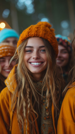 Portrait of a smiling young woman wearing an orange beanieの素材